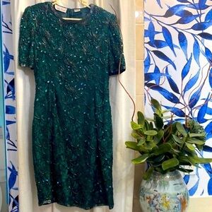 Women’s Laurence Kazar Emerald Green Sequin 100% Rayon Cocktail Dress Size L
